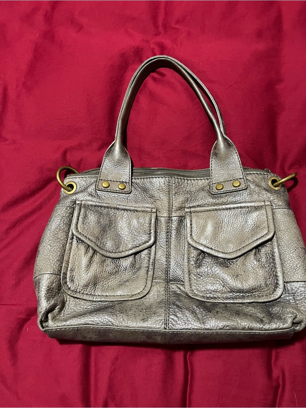 Metallic Grey Leather Tote Bag with Front Pockets